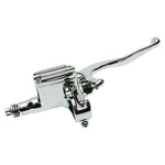 The Moto Iron® 1" Handlebar Control Kit features chrome master cylinder and clutch levers with hardware and adjustment knobs, shown on a white background—ideal for Harley-Davidson or custom motorcycles.