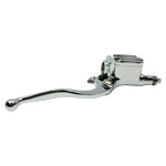 The Moto Iron® 1" Handlebar Control Kit features chrome master cylinder and clutch levers with hardware and adjustment knobs, shown on a white background—ideal for Harley-Davidson or custom motorcycles.
