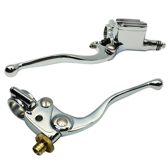 The Moto Iron® 1" Handlebar Control Kit features chrome master cylinder and clutch levers with hardware and adjustment knobs, shown on a white background—ideal for Harley-Davidson or custom motorcycles.