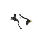 The Moto Iron® 1" Handlebar Control Kit includes black master cylinder and clutch levers with adjustment screws and a brass fitting, designed for Harley and custom bikes, shown on a white background.
