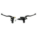 The Moto Iron® 1" Handlebar Control Kit includes black master cylinder and clutch levers with adjustment screws and a brass fitting, designed for Harley and custom bikes, shown on a white background.