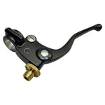 The Moto Iron® 1" Handlebar Control Kit includes black master cylinder and clutch levers with adjustment screws and a brass fitting, designed for Harley and custom bikes, shown on a white background.