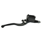 The Moto Iron® 1" Handlebar Control Kit includes black master cylinder and clutch levers with adjustment screws and a brass fitting, designed for Harley and custom bikes, shown on a white background.