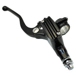 The Moto Iron® 1" Handlebar Control Kit includes black master cylinder and clutch levers with adjustment screws and a brass fitting, designed for Harley and custom bikes, shown on a white background.
