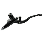 The Moto Iron® 1" Handlebar Control Kit includes black master cylinder and clutch levers with adjustment screws and a brass fitting, designed for Harley and custom bikes, shown on a white background.
