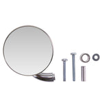 The Moto Iron® 3" Round Vintage Chrome Shorty Motorcycle Mirror features a metal stem, screw, and cylindrical spacer, all displayed on a white background.