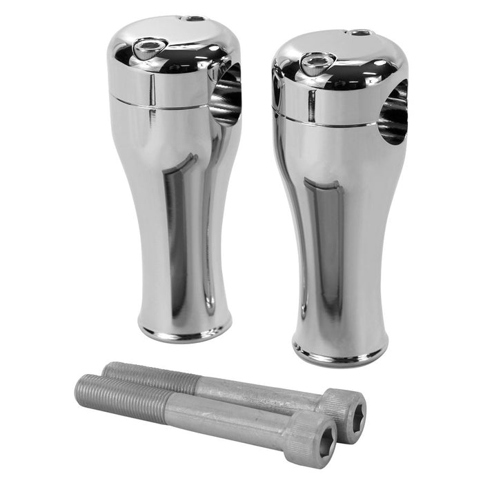 A pair of TC Bros. 4" Chrome Springer Risers for 1" Diameter Handlebars with TC Bros. branding, a screw and nut.