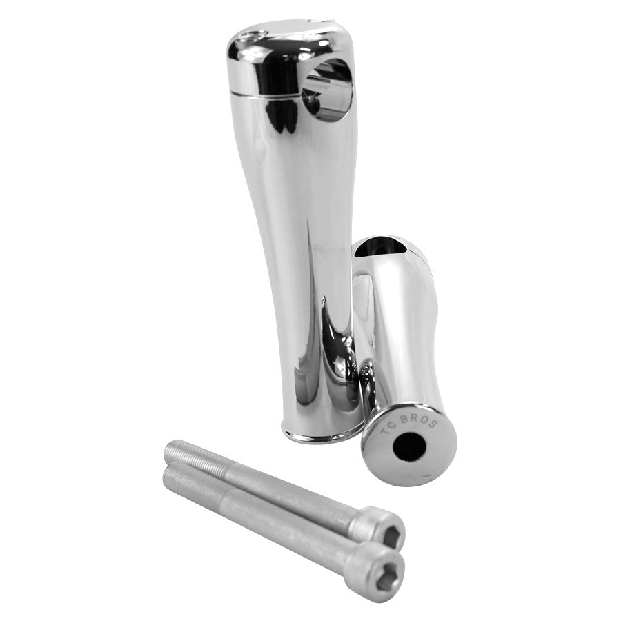 A pair of TC Bros. 6" Chrome Springer Risers on a white background, featuring TC Bros. 1" diameter handlebars.