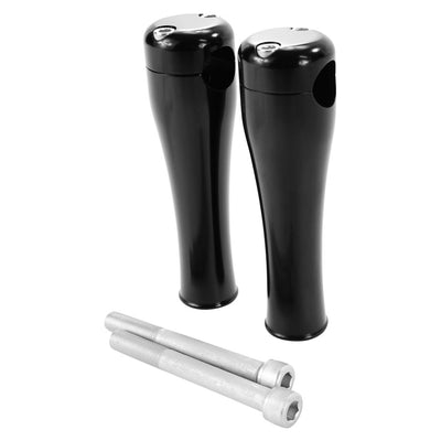 A pair of black TC Bros. 6" Black Springer Risers for 1" Diameter Handlebars handlebar grips with a screw and nut.