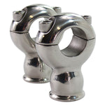 Two shiny chrome-plated rod end bearings with swivel joints and screw adjustments, perfect for coupling with TC Bros. 2" Classic Stainless Risers for 1" Diameter Handlebars on 1" Diameter Handlebars by TC Bros.