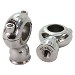 Two shiny chrome-plated rod end bearings with swivel joints and screw adjustments, perfect for coupling with TC Bros. 2" Classic Stainless Risers for 1" Diameter Handlebars on 1" Diameter Handlebars by TC Bros.