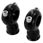 Two TC Bros. black plastic handlebar clamps on a white background, featuring TC Bros. 2" Classic Black Stainless Risers for 1" Diameter Handlebars.