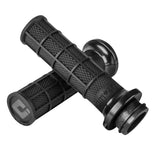 The ODI Harley Hart-Luck Signature V-Twin Grips - Throttle By Wire, in black, feature a textured grid pattern and are designed for motorcycles.