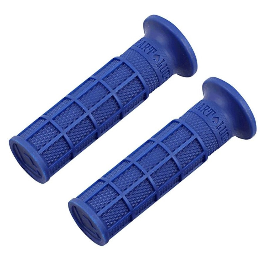 A pair of blue ODI Hart-Luck Signature Full-Waffle Slip-On 1" Grips on a white background.