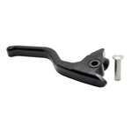 The 1FNGR [ARCHIVED] Billet Brake Lever – Black for 08-13, 21+ Bagger features black anodized CNC machined aluminum with an angular design, shown next to a silver pin—matches the 1FNGR easy pull clutch.