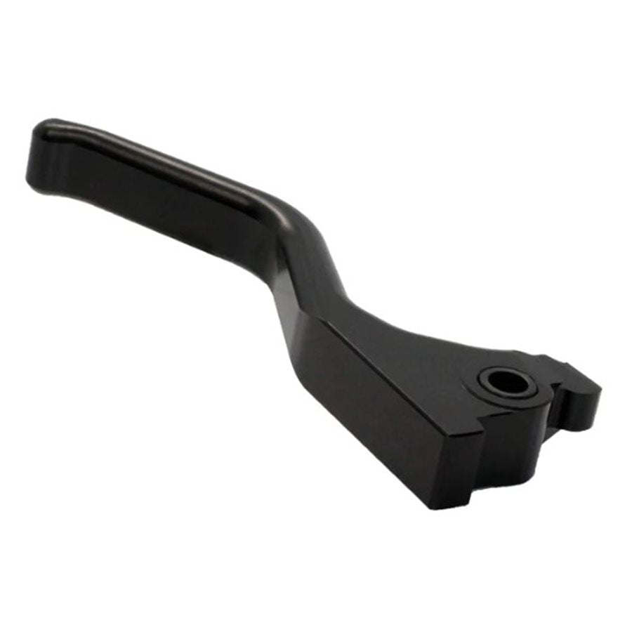 A black handlebar lever on a white background for the 1FNGR Billet Brake Lever - Black - 2014+ Sportster (Matching to 1FNGR easy pull clutch).