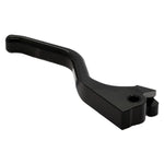 The 1FNGR [ARCHIVED] Billet Brake Lever in black for 2004-2013 Sportster, featuring a curved CNC machined aluminum handle and mounting hole, complements the 1FNGR easy pull clutch. Displayed on a plain white background.