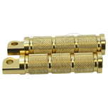 A pair of HardDrive Brass Knurled Foot Pegs For Harley Models 2017-Earlier on a white background with CNC machined details.