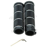 Five pairs of Moto Iron® Knurled Billet Grips for Harley-Davidson, in gold, silver, and black, are arranged on a white background.
