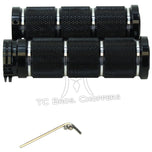 Five pairs of Moto Iron® Knurled Billet Grips for Harley-Davidson, in gold, silver, and black, are arranged on a white background.