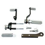 The TC Bros. Mid Controls Kit for 1991-2003 Harley-Davidson Sportster features metal foot pegs and a gear shift lever, perfect for upgrading your bike. Components are arranged on a white background.