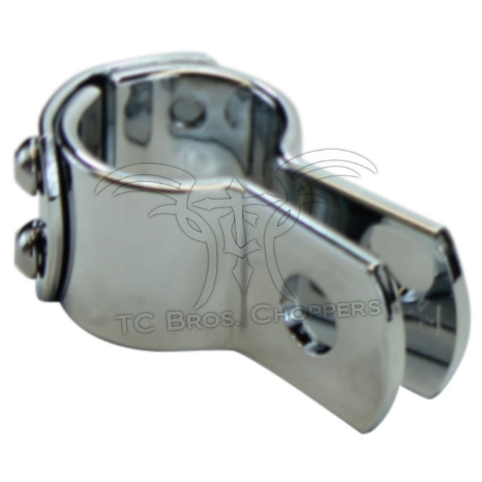 The Mid-USA Universal Three Piece Mounting Clamp by Mid-USA features chrome-plated metal, two tightening screws, and a single mounting hole, shown against a white background.