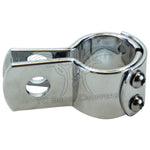 The Mid-USA Universal Three Piece Mounting Clamp by Mid-USA features chrome-plated metal, two tightening screws, and a single mounting hole, shown against a white background.