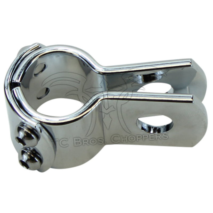 The Mid-USA Universal Three Piece Mounting Clamp by Mid-USA features chrome-plated metal, two tightening screws, and a single mounting hole, shown against a white background.