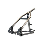 TC Bros. Weld-On Hardtail Kit for 1982-2003 Harley-Davidson Sportster with stock width tire, by TC Bros., includes a steel frame with seat tube and chain stays plus hardware components, all neatly arranged on a white background.