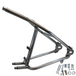 TC Bros. Weld-On Hardtail Kit for 1982-2003 Harley-Davidson Sportster with stock width tire, by TC Bros., includes a steel frame with seat tube and chain stays plus hardware components, all neatly arranged on a white background.