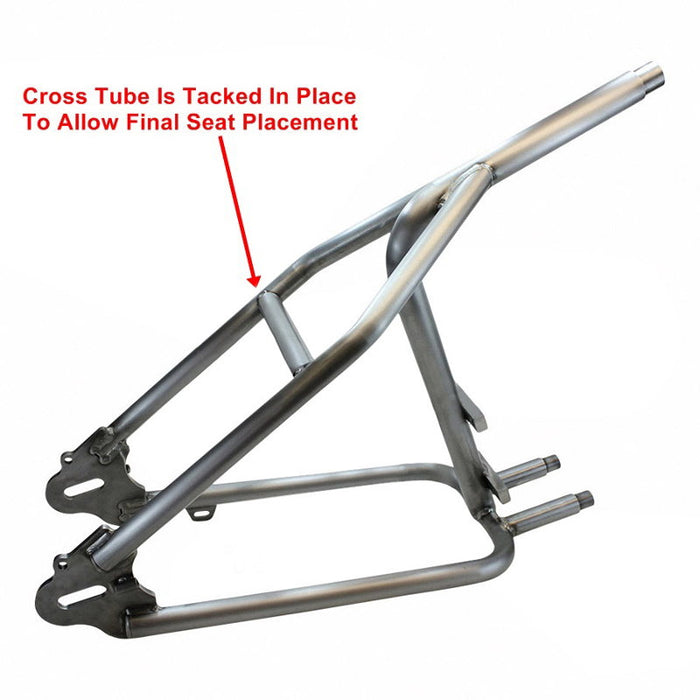 An image of a motorcycle frame with a TC Bros. Sportster Hardtail Kit for 1982-2003 (Weld On) fits Stock 130-150 Tire in place.