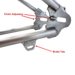 TC Bros. Weld-On Hardtail Kit for 1982-2003 Harley-Davidson Sportster with stock width tire, by TC Bros., includes a steel frame with seat tube and chain stays plus hardware components, all neatly arranged on a white background.