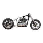 TC Bros. Weld-On Hardtail Kit for 1982-2003 Harley-Davidson Sportster with stock width tire, by TC Bros., includes a steel frame with seat tube and chain stays plus hardware components, all neatly arranged on a white background.