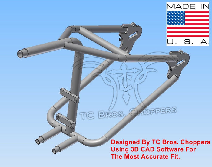 A picture of a TC Bros. Sportster Hardtail Kit for 1982-2003 with an American flag on it, showcasing wide wheel and tire applications and Made in the USA quality.