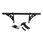 The TC Bros. Front Crash Bar for 1991-2017 Harley-Davidson Dyna is a black metal engine guard bracket with side mounts, bolts, washers, and extra metal pieces—perfect as a front crash bar for your Dyna motorcycle.