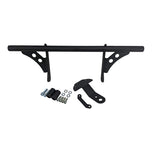 The TC Bros. Front Crash Bar for 1991-2017 Harley-Davidson Dyna is a black metal engine guard bracket with side mounts, bolts, washers, and extra metal pieces—perfect as a front crash bar for your Dyna motorcycle.
