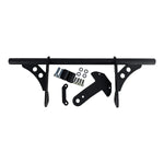 The TC Bros. Front Crash Bar for 1991-2017 Harley-Davidson Dyna is a black metal engine guard bracket with side mounts, bolts, washers, and extra metal pieces—perfect as a front crash bar for your Dyna motorcycle.