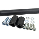 The TC Bros. Front Crash Bar for 1991-2017 Harley-Davidson Dyna is a black metal engine guard bracket with side mounts, bolts, washers, and extra metal pieces—perfect as a front crash bar for your Dyna motorcycle.