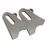 TC Bros. Axle Plates by TC Bros.—two flat metal plates with a rounded cutout, slotted hole, and small top circular hole—are designed for hardtail frame repair and shown on a white background.