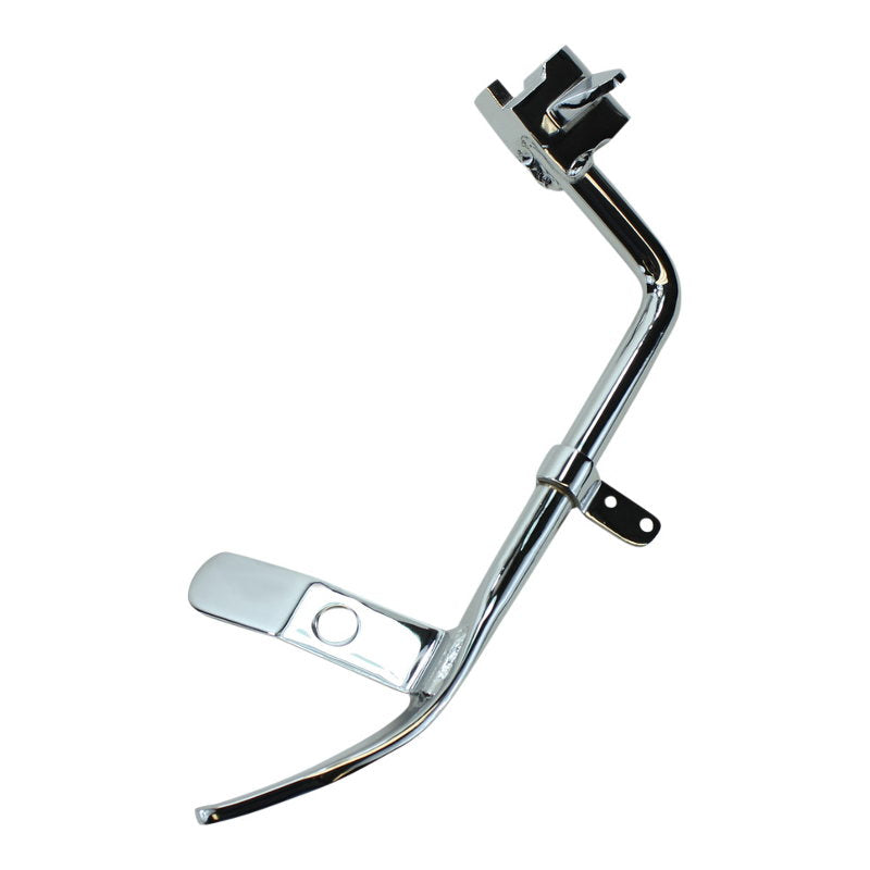 Chrome Mid-USA -1″ Jiffy Stand for 2007-2017 Harley-Davidson Softail with a mounting bracket and integrated foot tab.