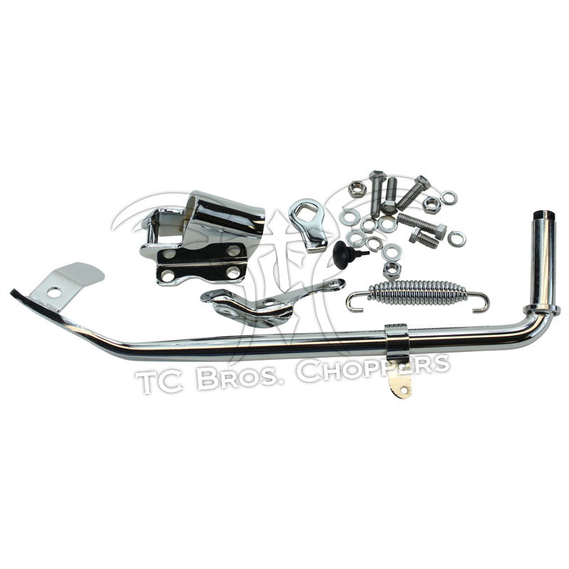 Mid-USA Complete Jiffy Stand Kit for 1989-1999 Harley-Davidson Softail, including a kickstand arm, mounting bracket, tension spring, and assorted hardware.
