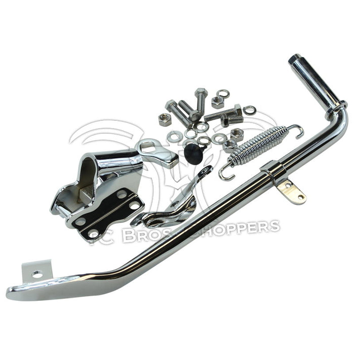 Mid-USA Complete Jiffy Stand Kit for 1989-1999 Harley-Davidson Softail, including a kickstand arm, mounting bracket, tension spring, and assorted hardware.