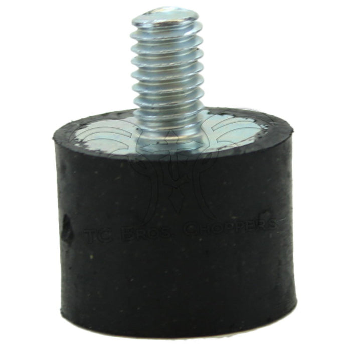 Close-up of a Mid-USA Rubber Isolator Mount, featuring a cylindrical rubber design with a threaded metal stud, used as a vibration dampener for Harley-Davidson and custom applications, shown on a white background.