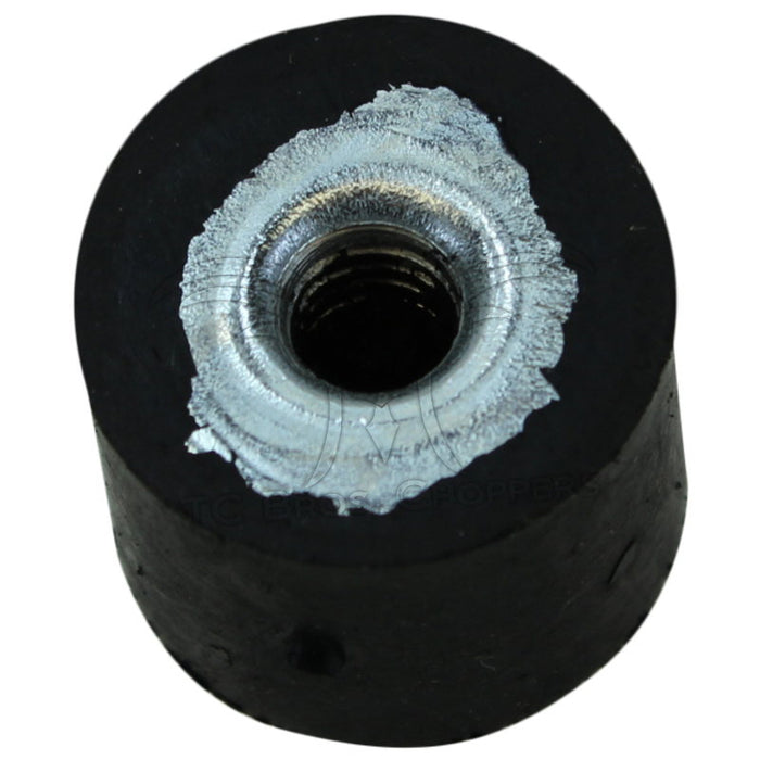 Close-up of a Mid-USA Rubber Isolator Mount, featuring a cylindrical rubber design with a threaded metal stud, used as a vibration dampener for Harley-Davidson and custom applications, shown on a white background.