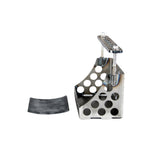 A TC Bros Holey Battery Box for 1981-03 Sportster YTX20 or YB16 Series pedal holder with dimensions and a screw.