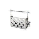 A TC Bros Holey Battery Box for 1981-03 Sportster YTX20 or YB16 Series, a metal holder with dimensions and holes on it.
