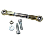 The TC Bros 1982-87 Harley Sportster Hardtail Brake Stay Anchor Rod, ideal for your motorcycle projects, is adjustable with bearings at both ends. It includes two bolts, a washer, and a nut, perfect for the Harley Sportster or TC Bros. Hardtail Kit on a white background.