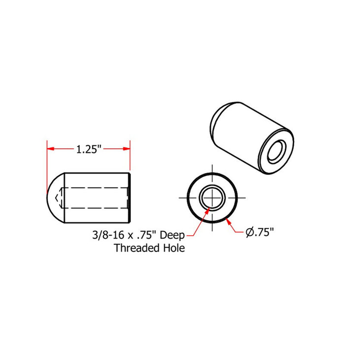 A drawing showing the dimensions of a Radius Style Threaded 3/8-16 Short Length Steel Bungs by TC Bros hole.