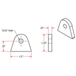 A drawing showing the dimensions of a metal bracket, Weld On Steel Mounting Tabs Style 1 by TC Bros, for rigid frame applications, featuring welding and threaded hole details.
