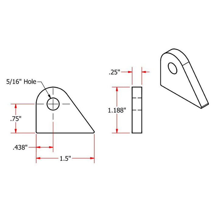 A drawing showing the dimensions of a Weld On Steel Mounting Tabs Style 3 bracket designed for CNC laser cut and welding by TC Bros.